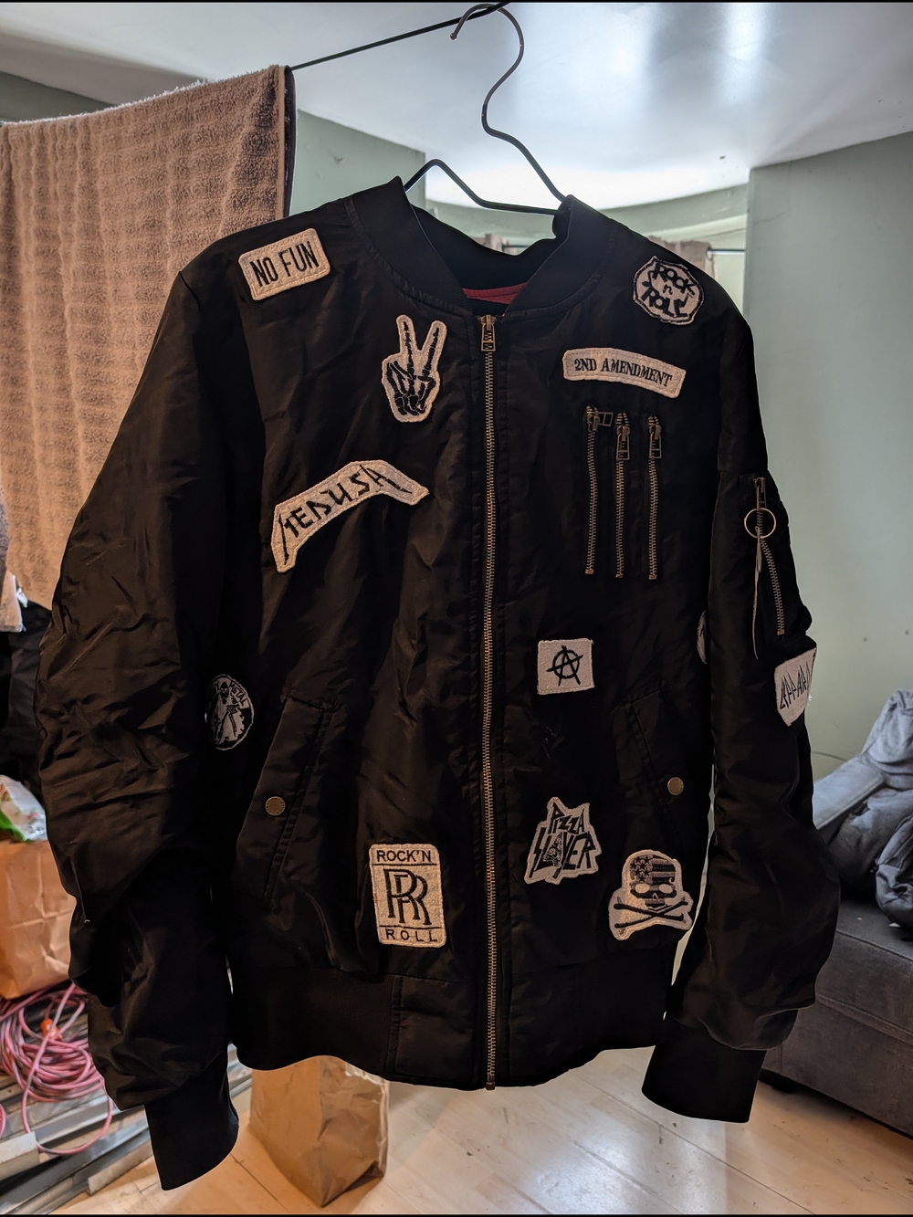 American Stitch Black Bomber Jacket with Orange Quilted Lining